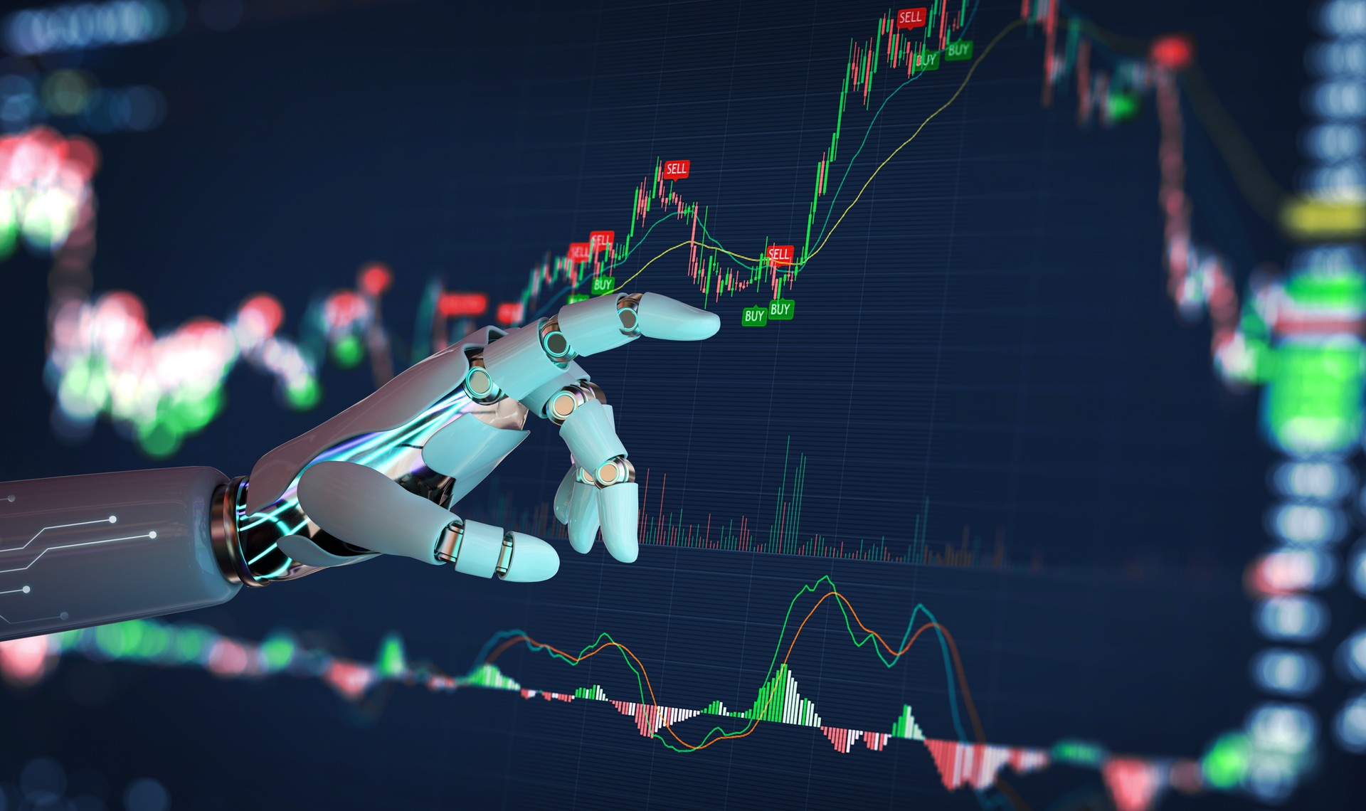 Investment and trading on stock market with Artificial Intelligence concept.