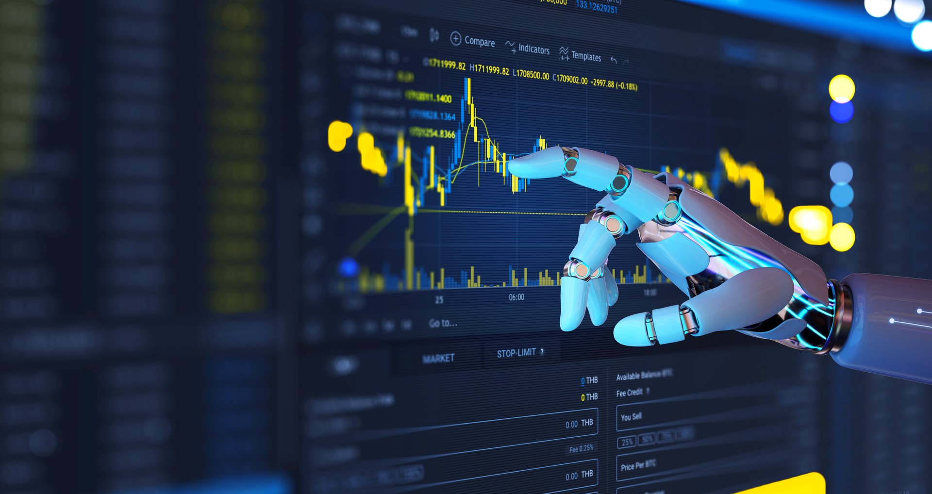 Investment and trading on stock market with Artificial Intelligence concept.